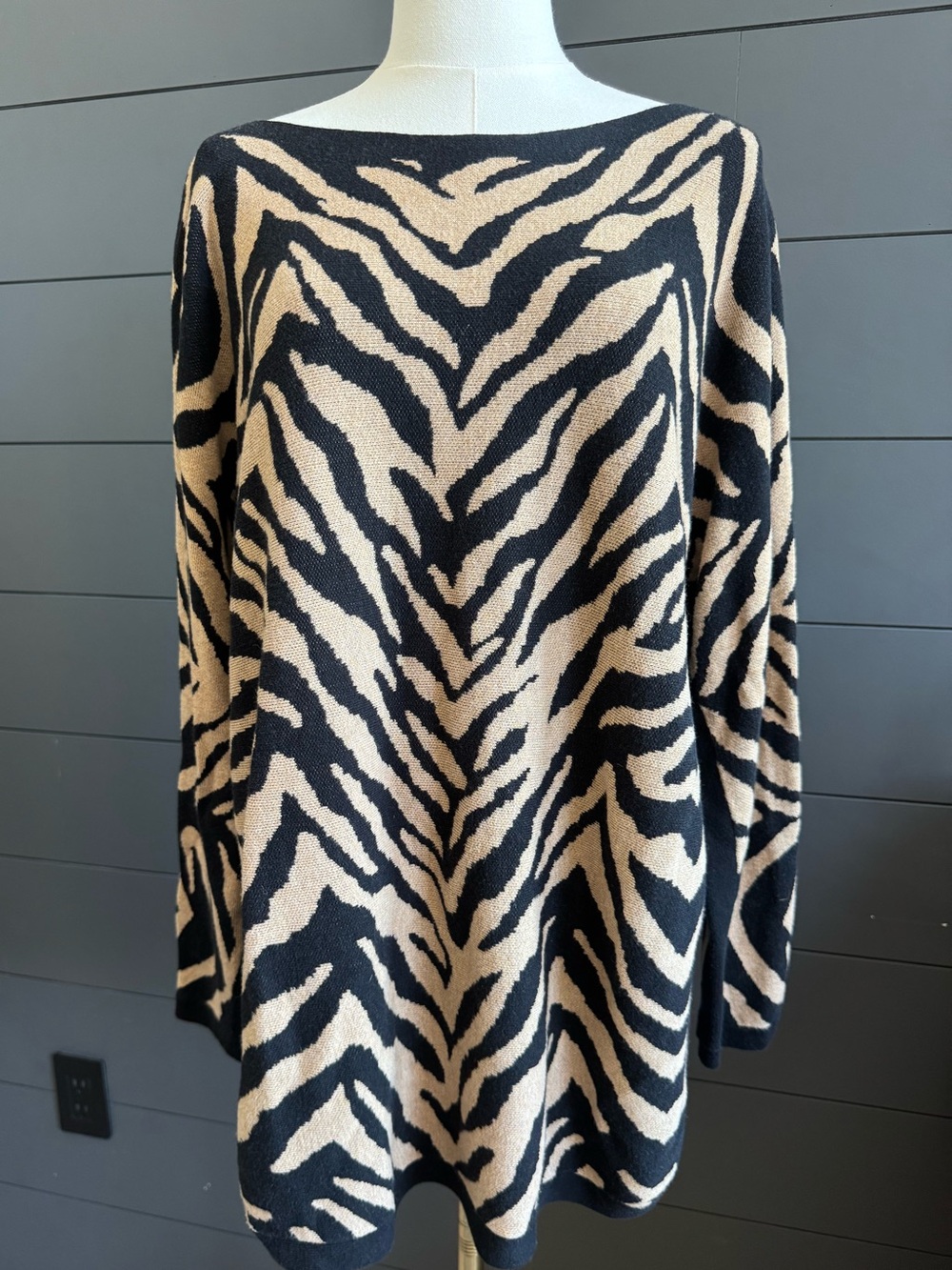 CAbi Dani Pullover Boat Neck Black and Tan Animal Print Tunic Top Style 3884